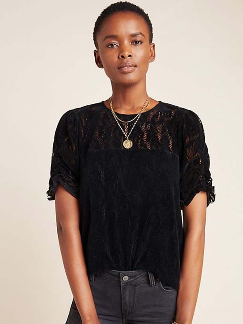 Anthropologie Parvati Black Velvet Lace Puff Sleeve Top XS